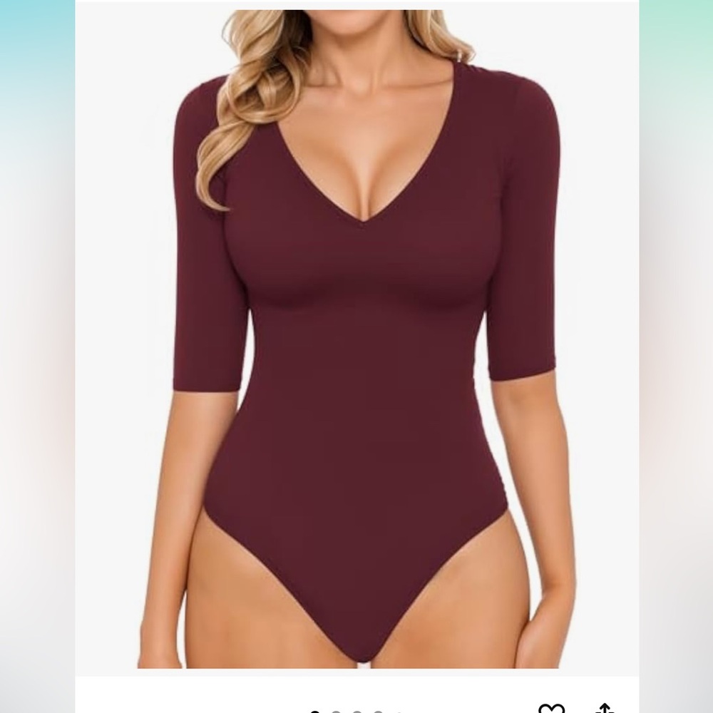 Elegant Burgundy V-Neck Bodysuit Size S